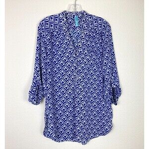 Dina Be Popover Top Size M Blue White Geometric Roll-Tab Sleeve Office Casual